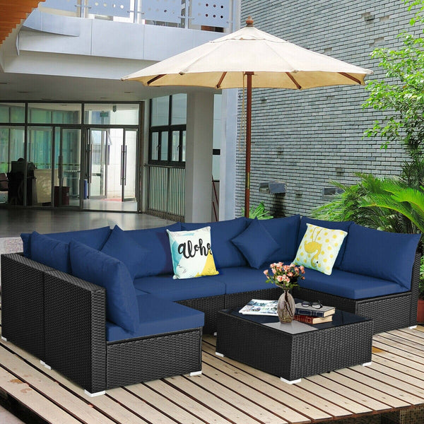 7pc Wicker Rattan Sectional Sofa Set with Cushions - Navy
