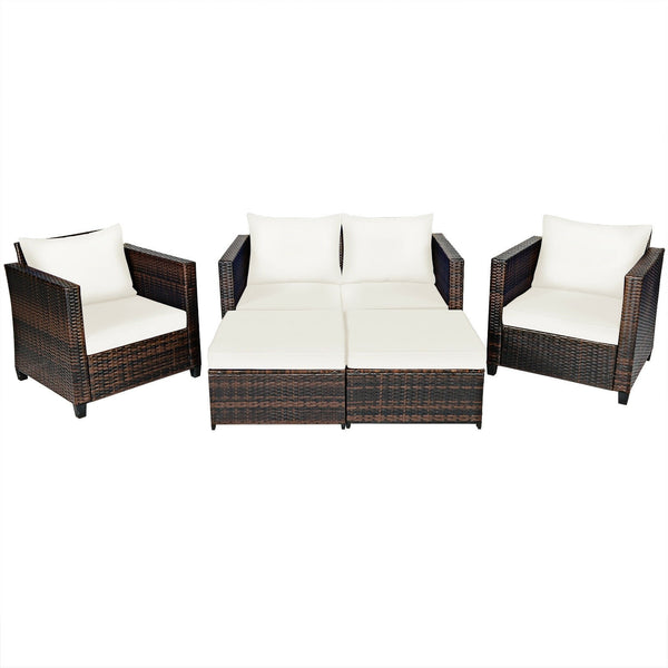 5pc Wicker Rattan Patio Cushioned Furniture Set - White