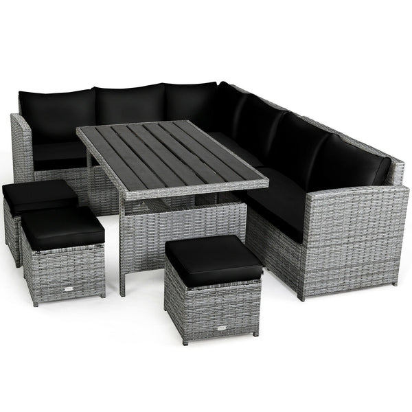 7pc Wicker Rattan Sectional Dining Set with Ottomans - Black
