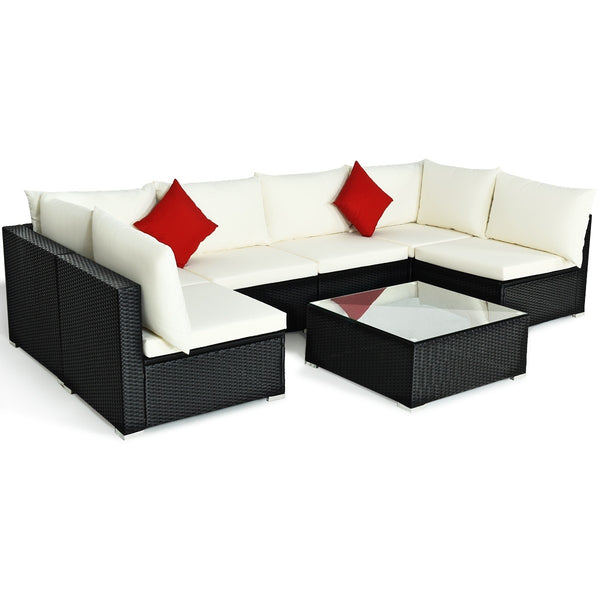 7pc Wicker Rattan Sectional Sofa Set with Cushions - White