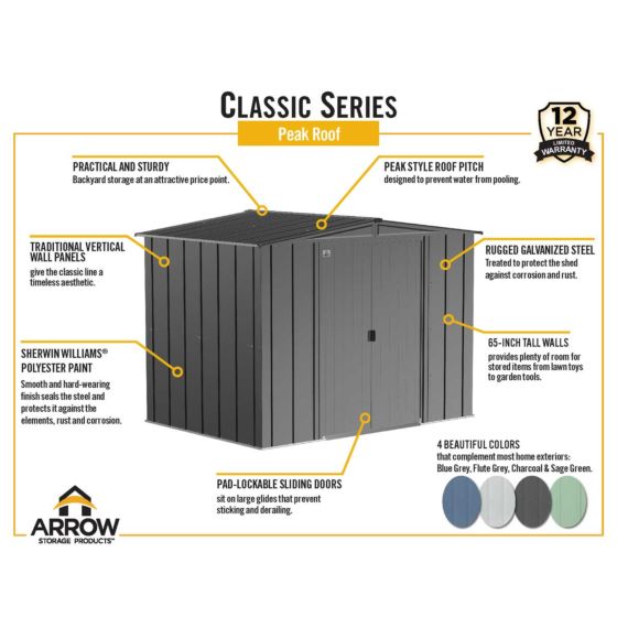 8x8 ft. Arrow Classic Steel Storage Shed - Blue Grey