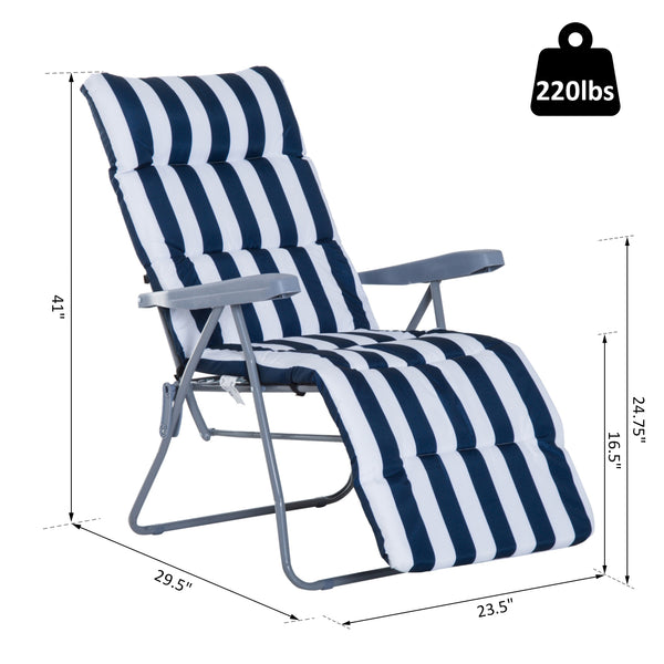 Set of 2 Garden Patio Poolside Adjustable Lounger WIth Cushions - Blue Stripes