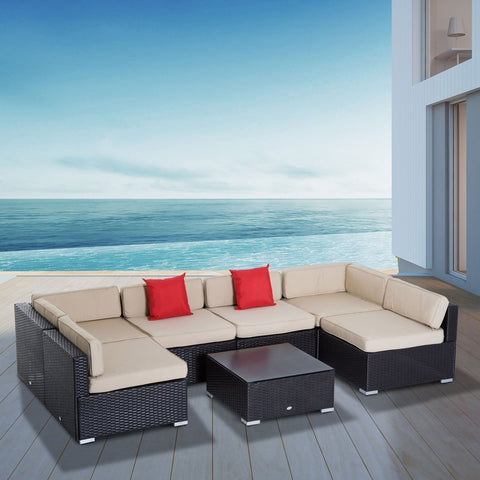 7pc Wicker Patio Furniture Sectional Sofa Set with Cushions - Beige
