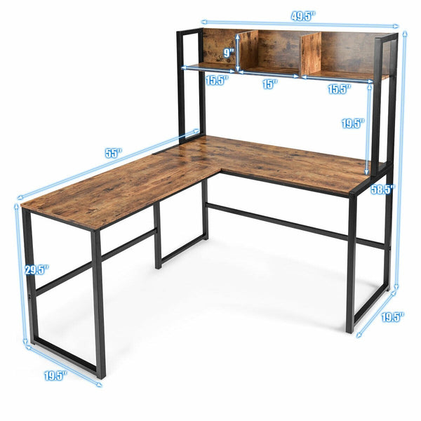 L-Shaped Computer Writing Desk with Bookshelf - Brown