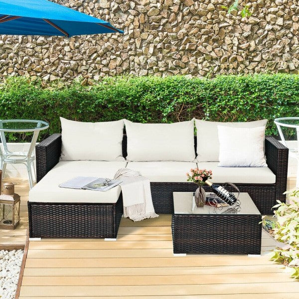 5pc Wicker Rattan Sectional Patio Set with Cushions and Coffee Table - White