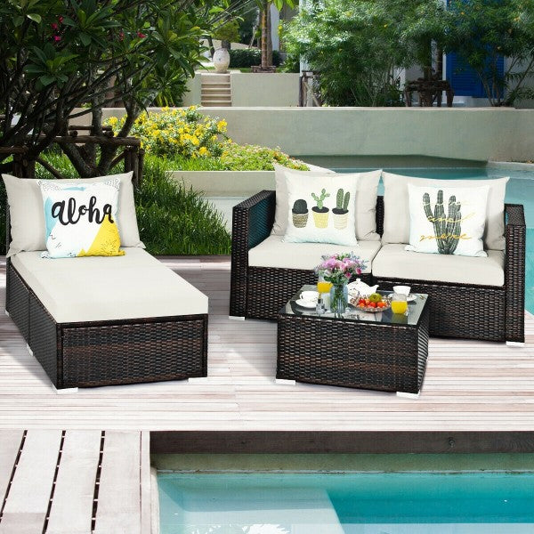 5pc Wicker Rattan Sectional Patio Set with Cushions and Coffee Table - White