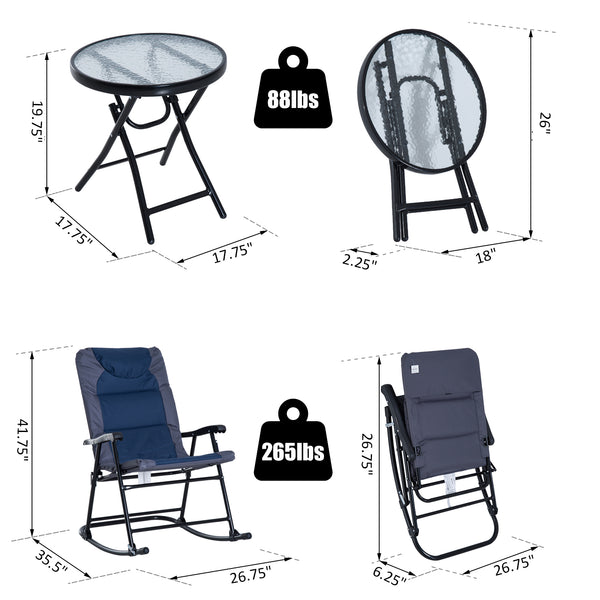 3pc Folding Portable Camping Rocking Chair Set with Padded Seat - Blue