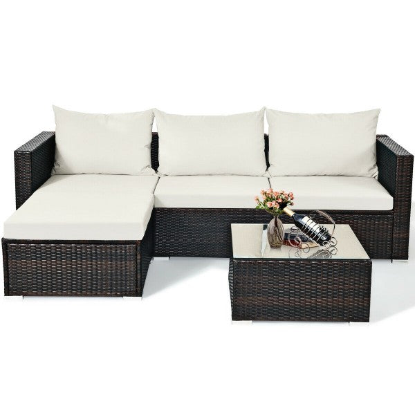 5pc Wicker Rattan Sectional Patio Set with Cushions and Coffee Table - White