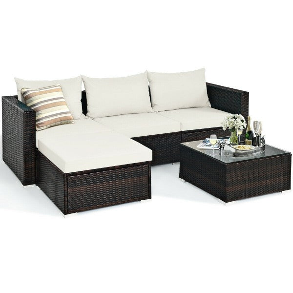 5pc Wicker Rattan Sectional Patio Set with Cushions and Coffee Table - White