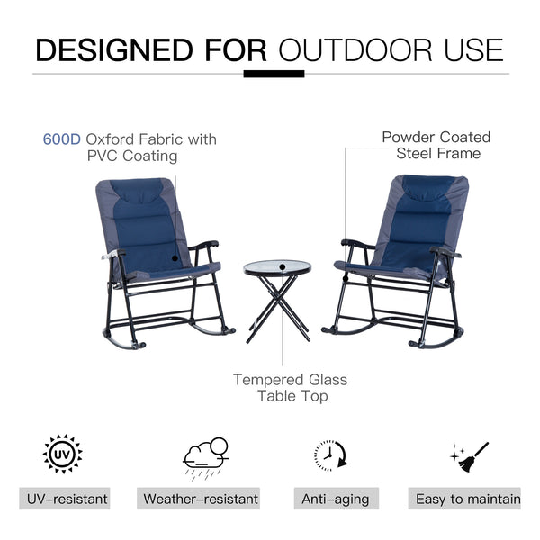 3pc Folding Portable Camping Rocking Chair Set with Padded Seat - Blue