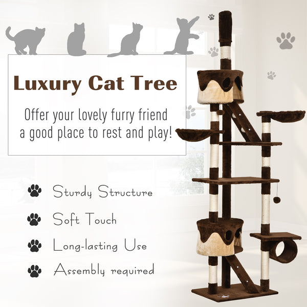 94"-102" Multilevel Cat Tree Play House - Brown and Beige