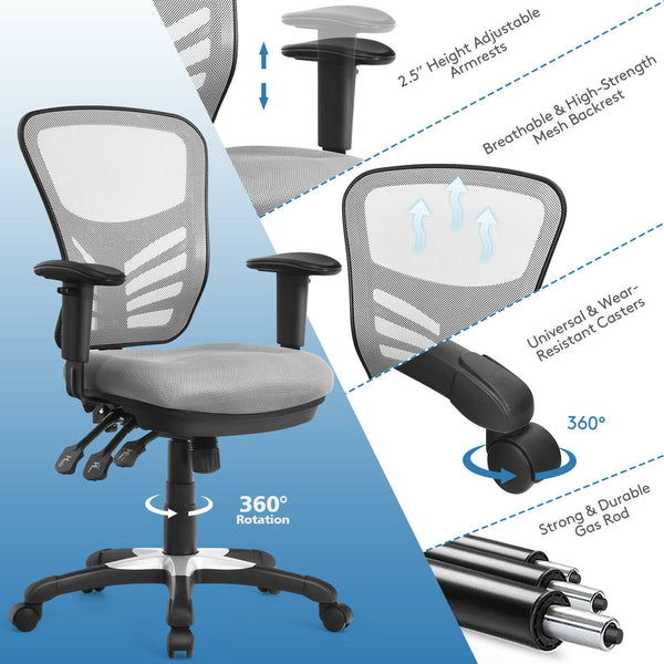 Ergonomic Mesh Office Chair with Adjustable Back Height and Armrests - Grey