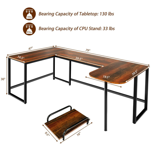 79" U-Shaped Computer Writing Desk with CPU Stand - Brown