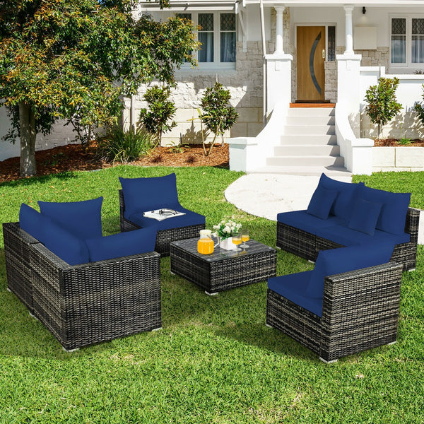 7pc Outdoor Rattan Sofa Set -  Navy