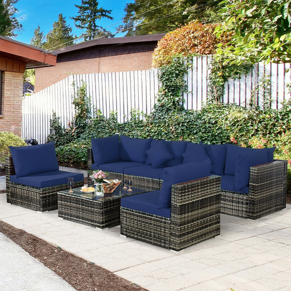 7pc Outdoor Rattan Sofa Set -  Navy