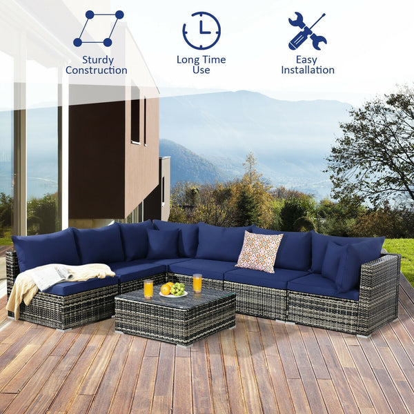 7pc Outdoor Rattan Sofa Set -  Navy