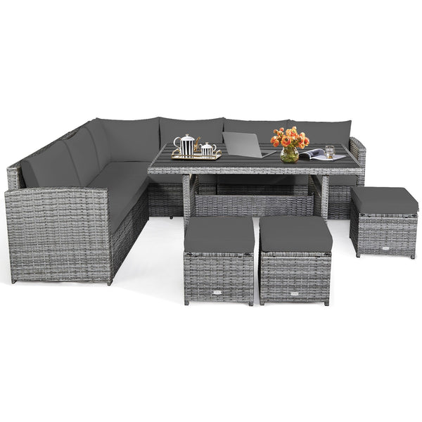 7pc Wicker Rattan Sectional Dining Set with Ottomans - Gray