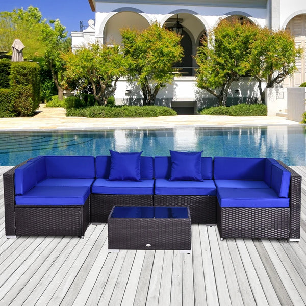 7pc Wicker Patio Furniture Sectional Sofa Set with Cushions - Blue